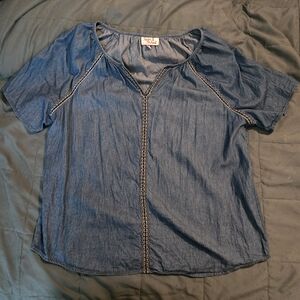Hester & Orchard Embroidered Peasant Chambray Denim Blouse Top Womens XL